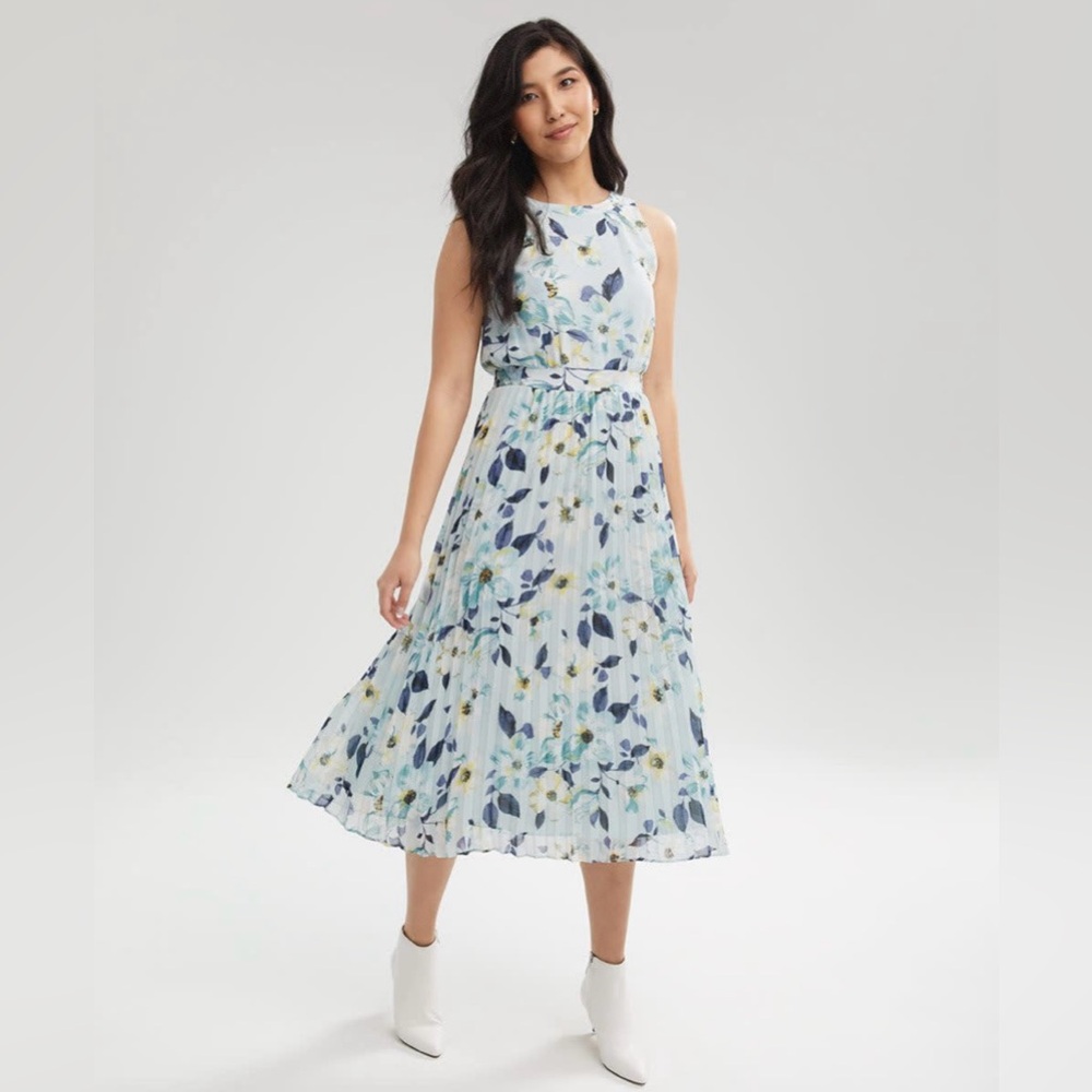 RW&CO. Sleeveless Pleated Chiffon Midi Dress Blue and Yellow - Picture 9 of 9